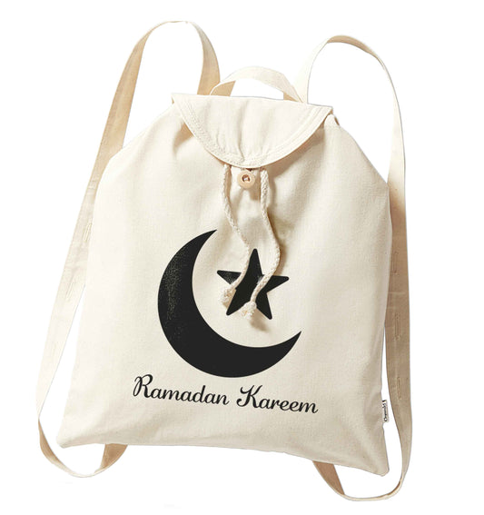 Ramadan kareem organic cotton backpack tote with wooden buttons in natural