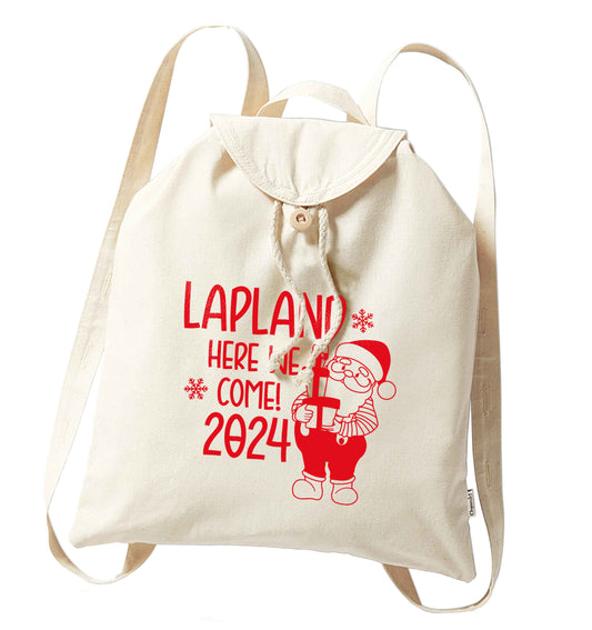Lapland here we come organic cotton backpack tote with wooden buttons in natural