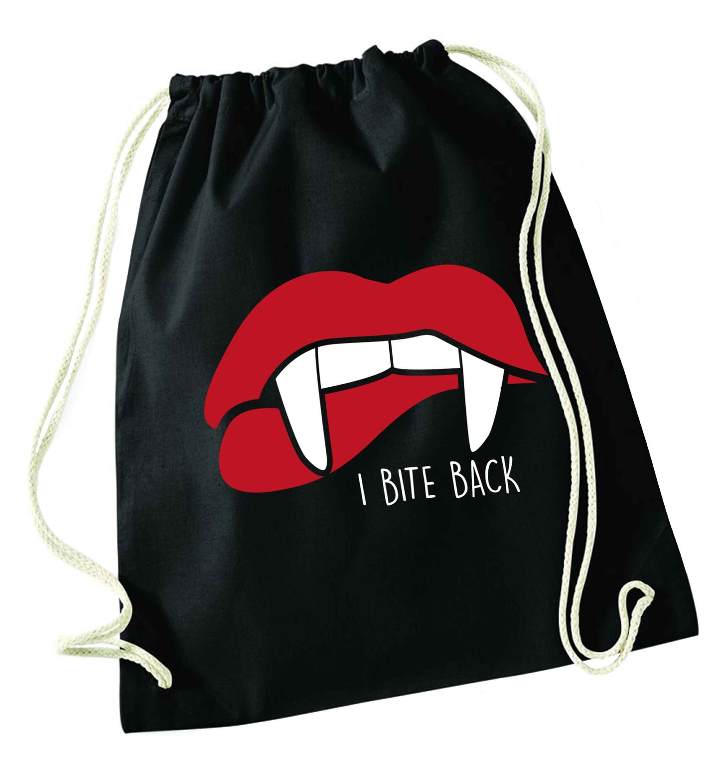 I bite back black drawstring bag