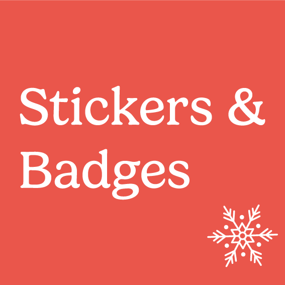 red box with 'stickers & badges' written in the middle and a white snowflake in bottom right hand corner