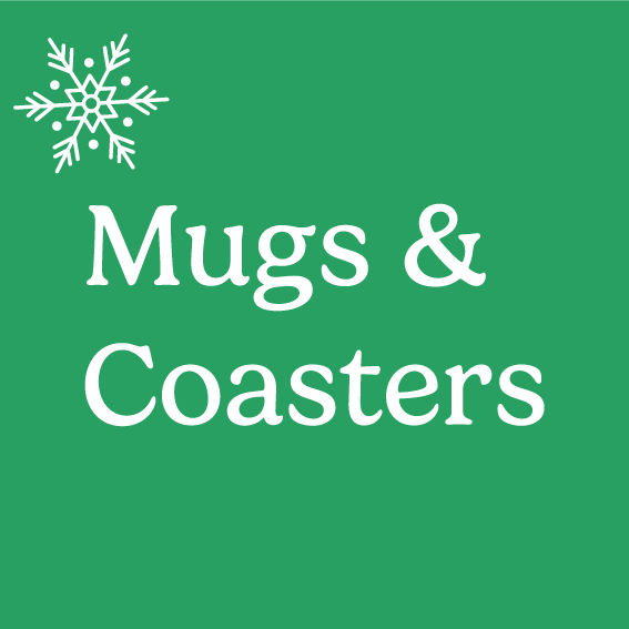 green box with 'mugs & coasters' written in the middle and a white snowflake in the top right hand corner