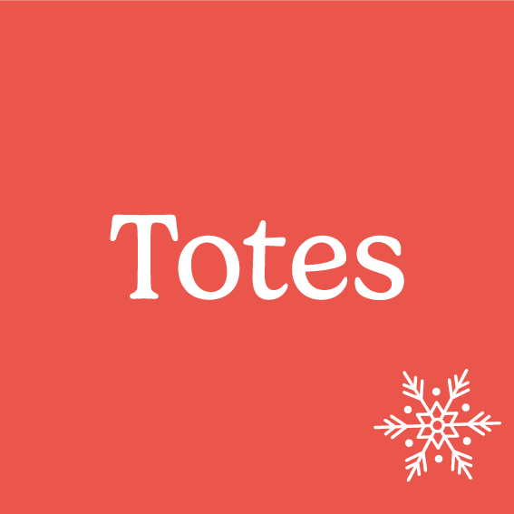 red box with the word 'totes' written in the middle and a white snowflake in the bottom right hand corner