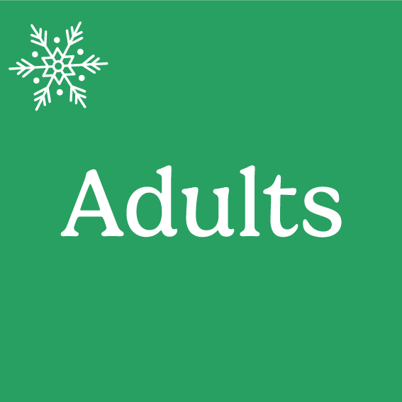 green box with the word 'adults' written in the middle and a snowflake in the top right hand corner