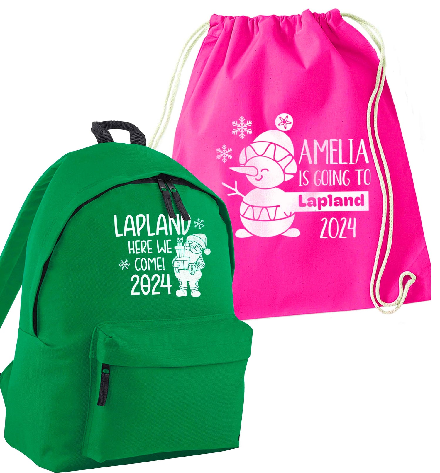 green rucksack with santa on saying 'lapland here we come 2024' and a pink drawstring bag with a snowman on saying 'emlia is going to lapland 2024'
