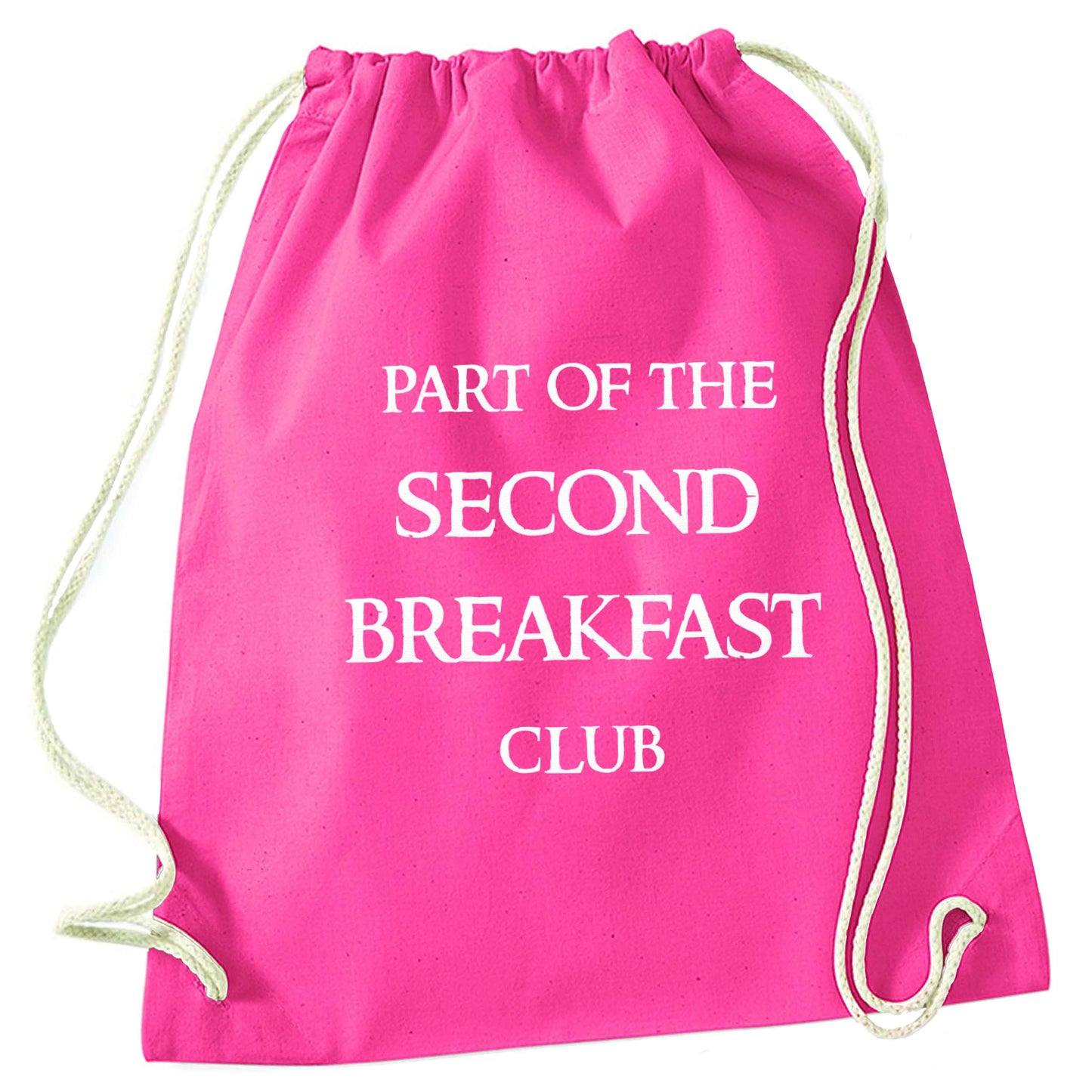 Part of the second breakfast club pink drawstring bag