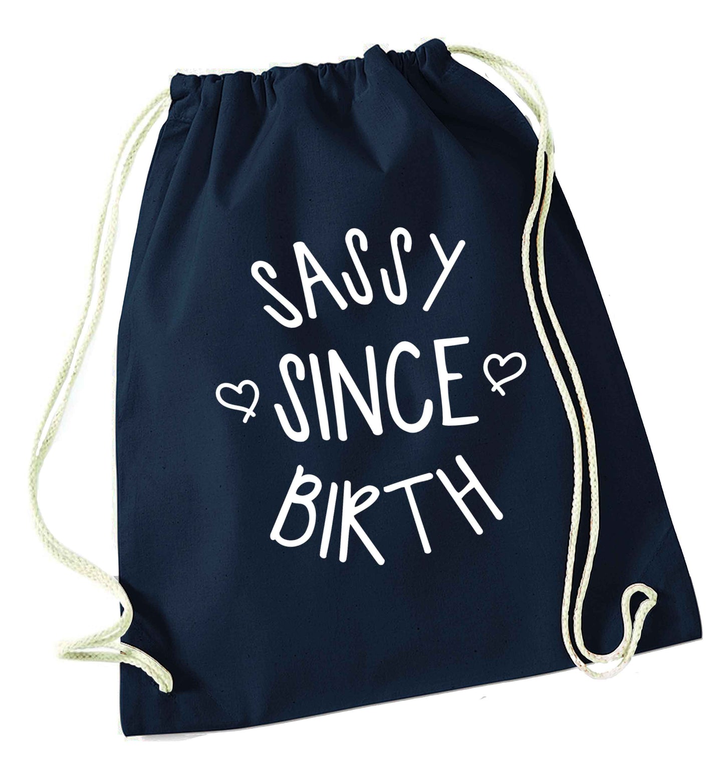 Sassy since birth navy drawstring bag