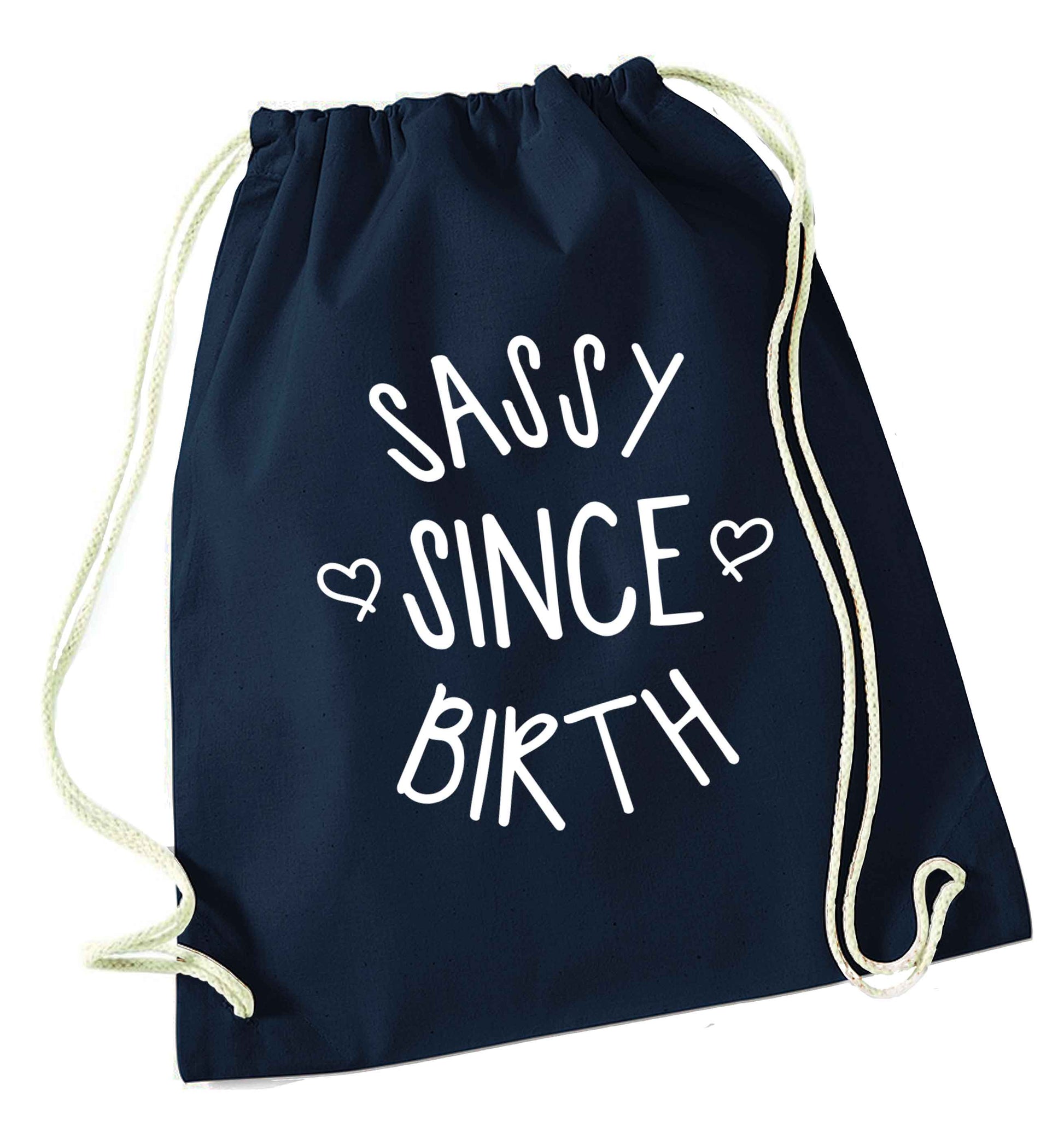 Sassy since birth navy drawstring bag