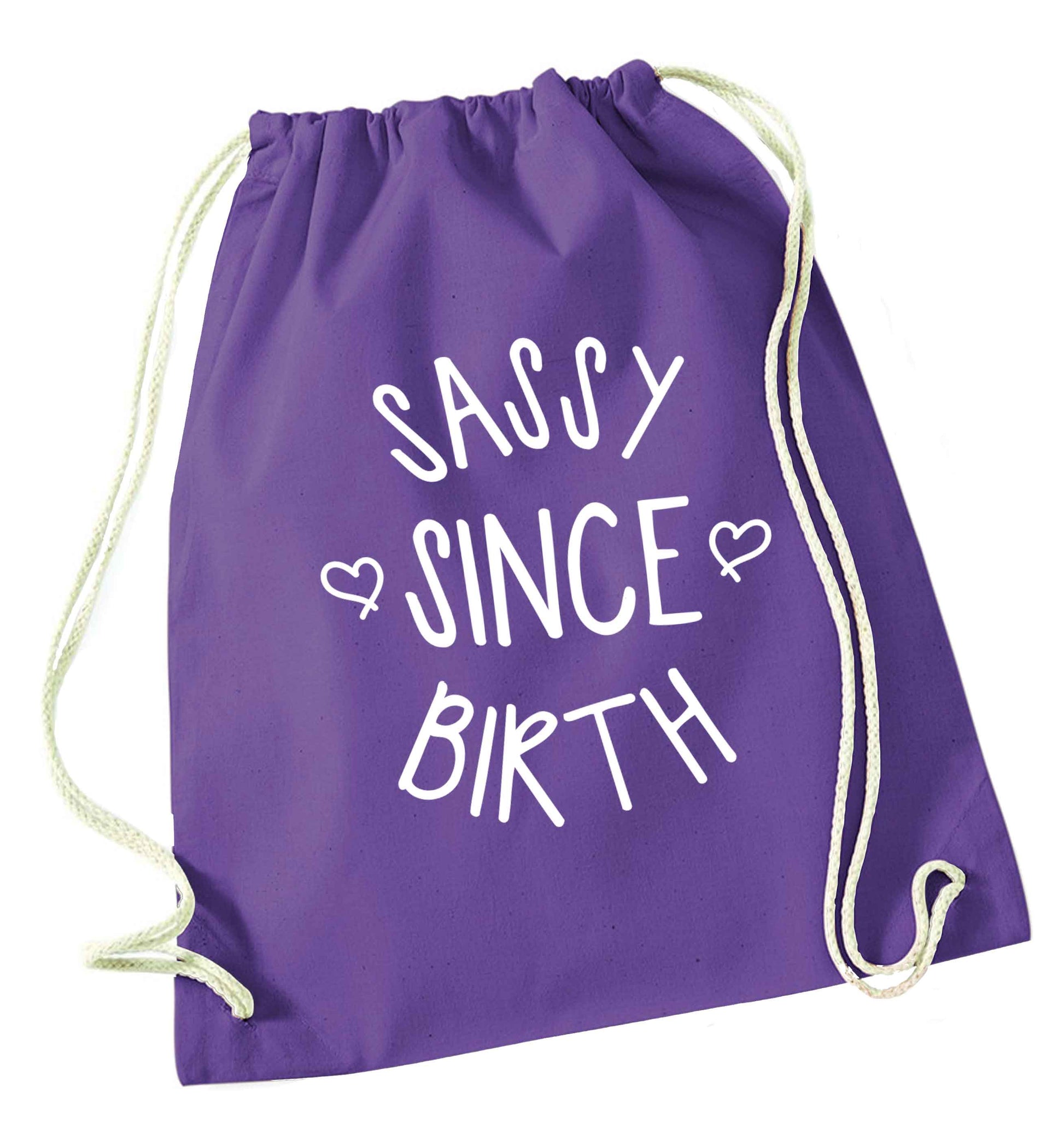 Sassy since birth purple drawstring bag