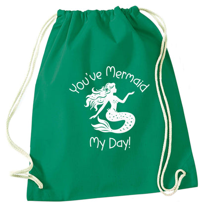 You've mermaid my day! green drawstring bag