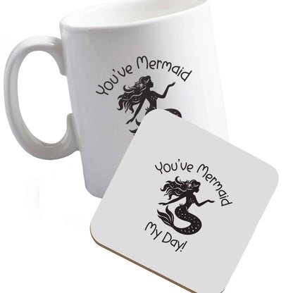 10 oz Ceramic mug and coaster You've mermaid my day! both sides