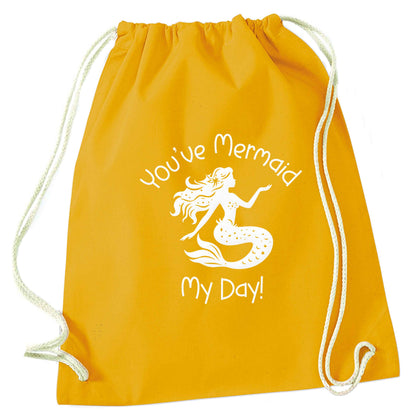 You've mermaid my day! mustard drawstring bag