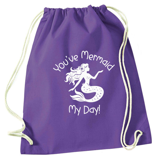 You've mermaid my day! purple drawstring bag