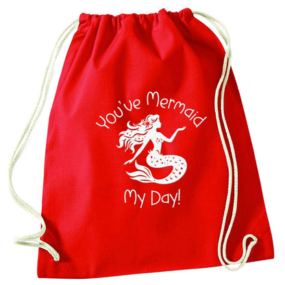 You've mermaid my day! red drawstring bag 
