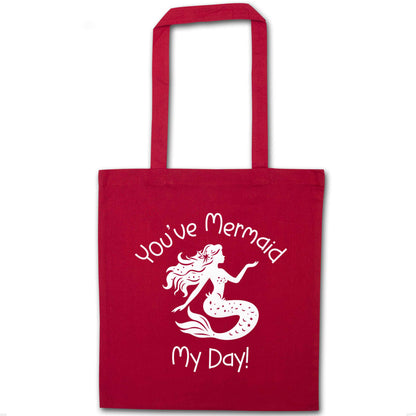 You've mermaid my day! red tote bag