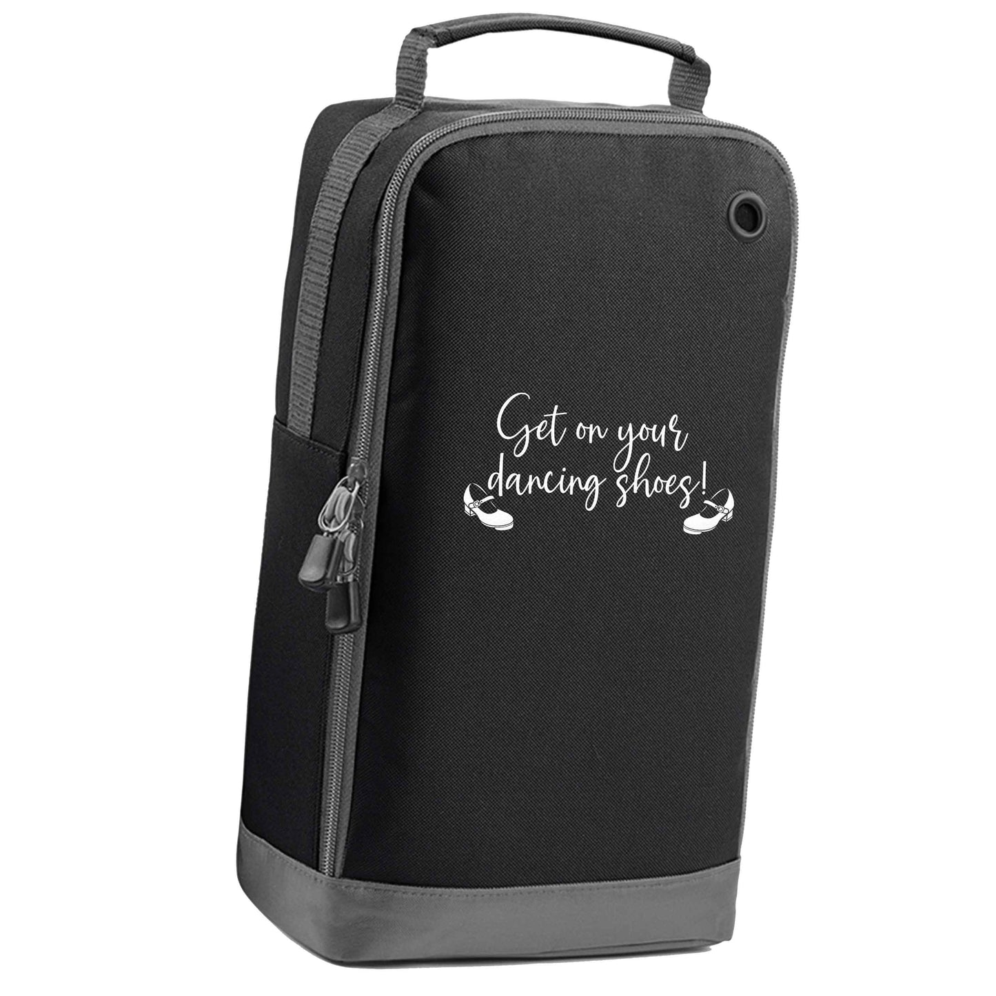 Get on your dancing shoes black sports shoe bag vertical print