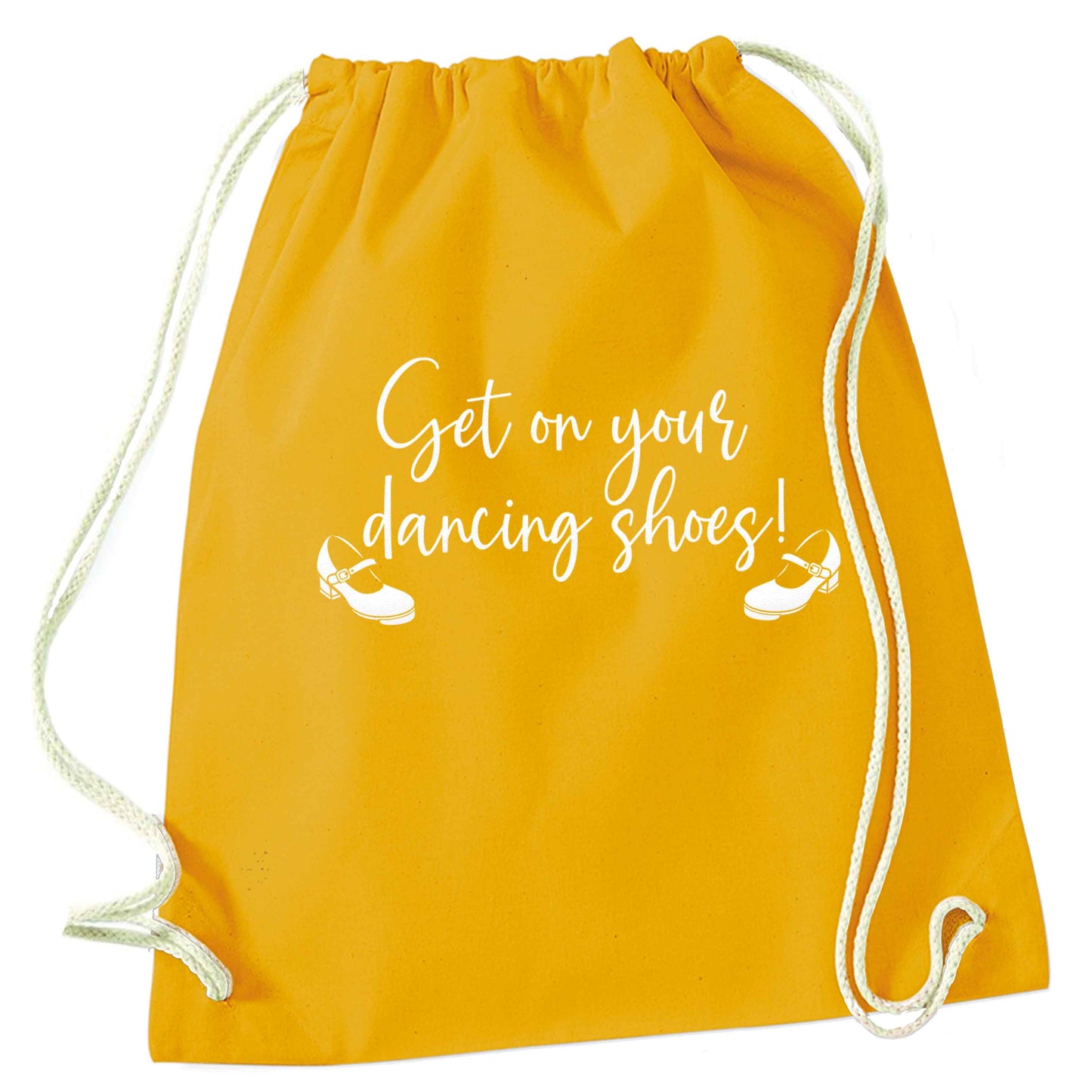 Get on your dancing shoes mustard drawstring bag