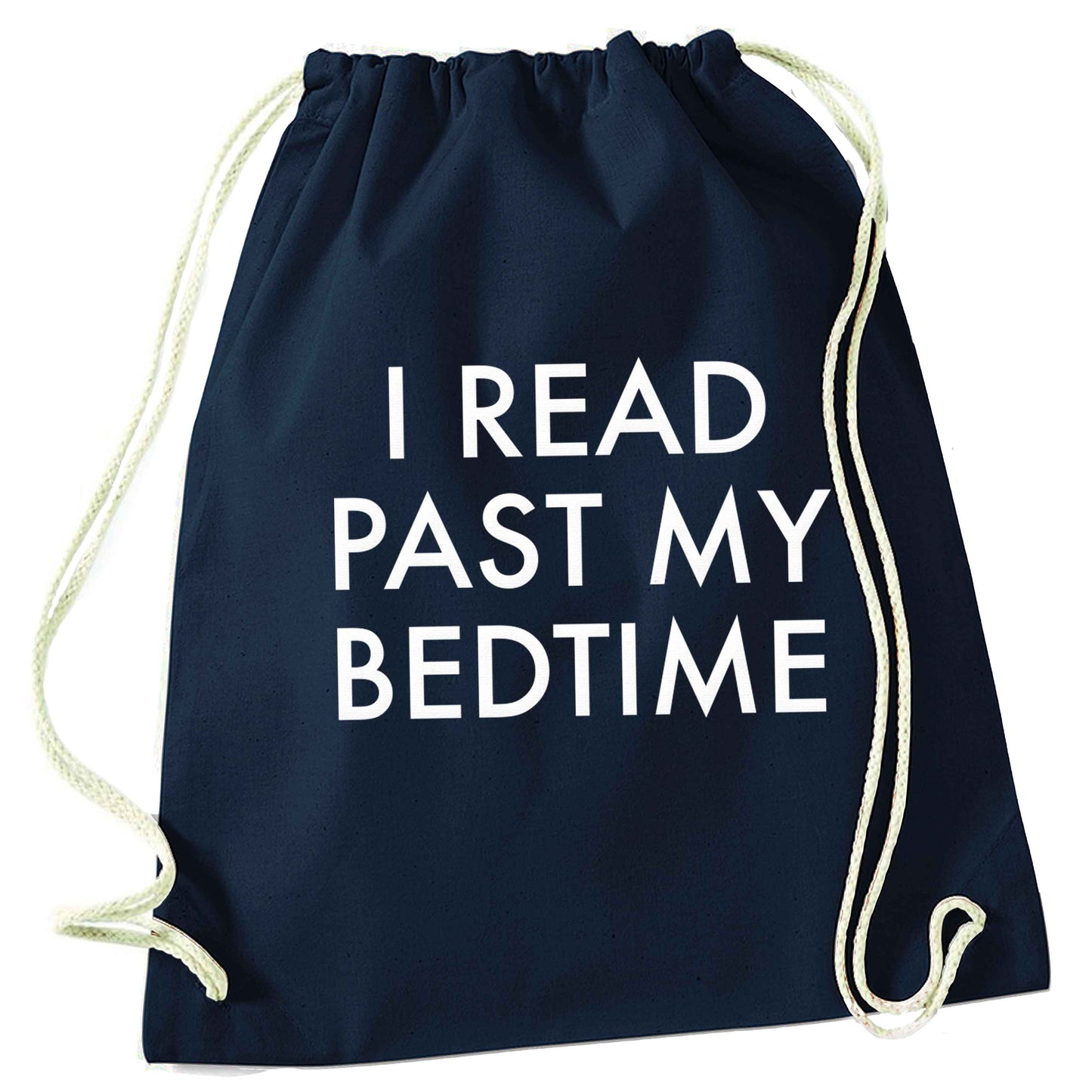 I read past my bedtime navy drawstring bag