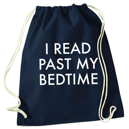 I read past my bedtime navy drawstring bag