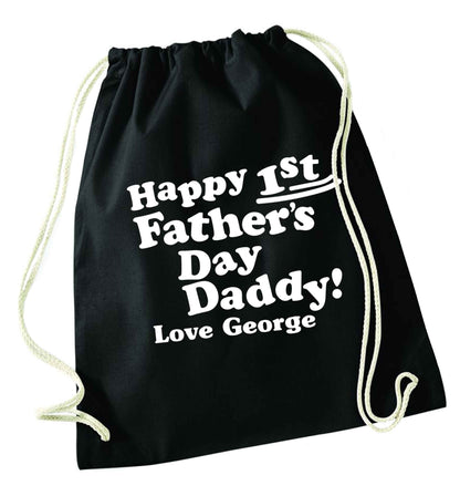 Personalised happy first Father's day black drawstring bag