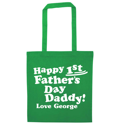 Personalised happy first Father's day green tote bag
