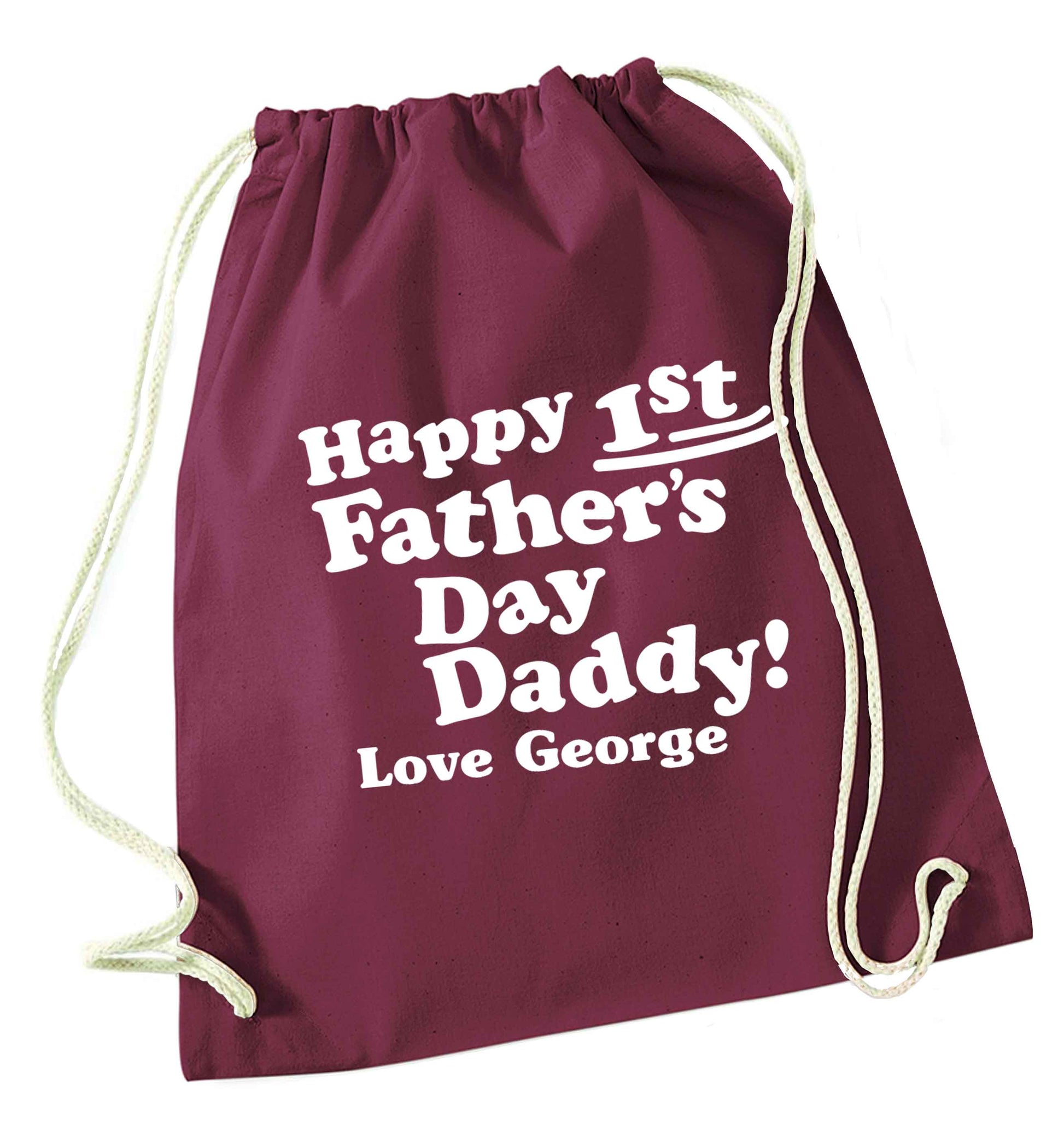 Personalised happy first Father's day maroon drawstring bag
