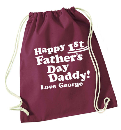 Personalised happy first Father's day maroon drawstring bag