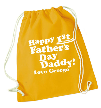Personalised happy first Father's day mustard drawstring bag