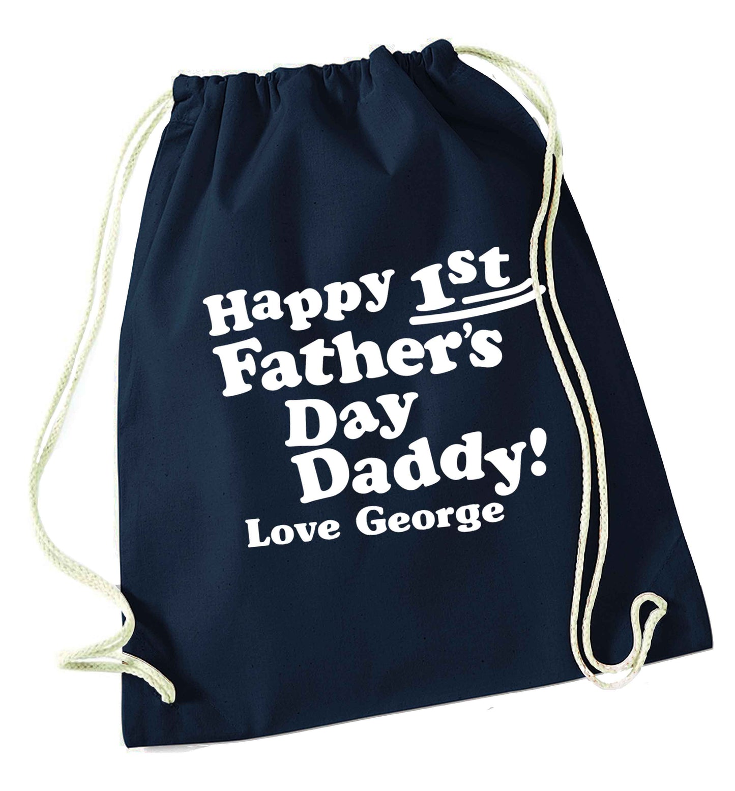 Personalised happy first Father's day navy drawstring bag