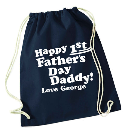 Personalised happy first Father's day navy drawstring bag