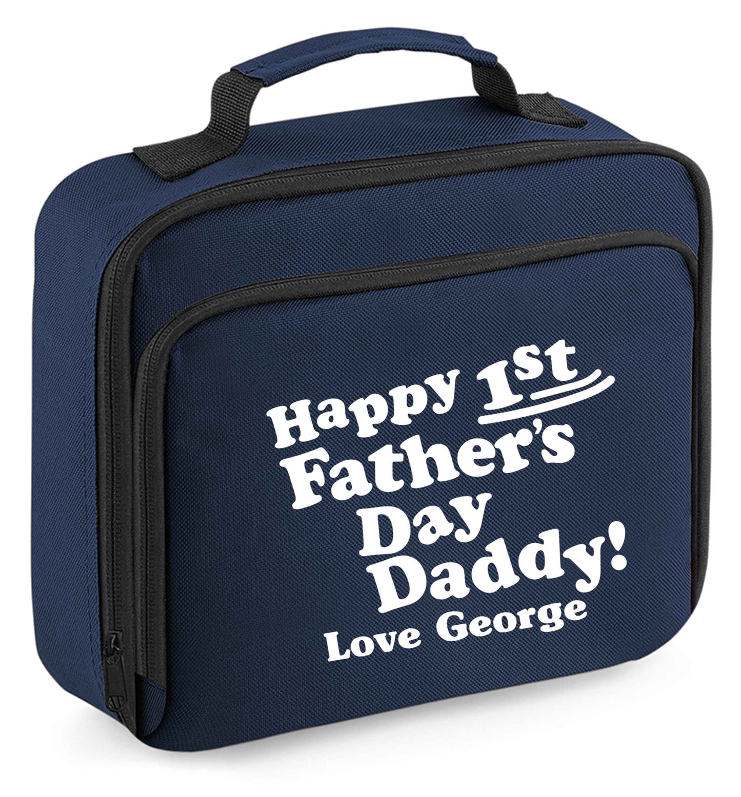 Personalised happy first Father's day insulated navy lunch bag cooler