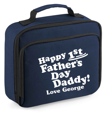 Personalised happy first Father's day insulated navy lunch bag cooler