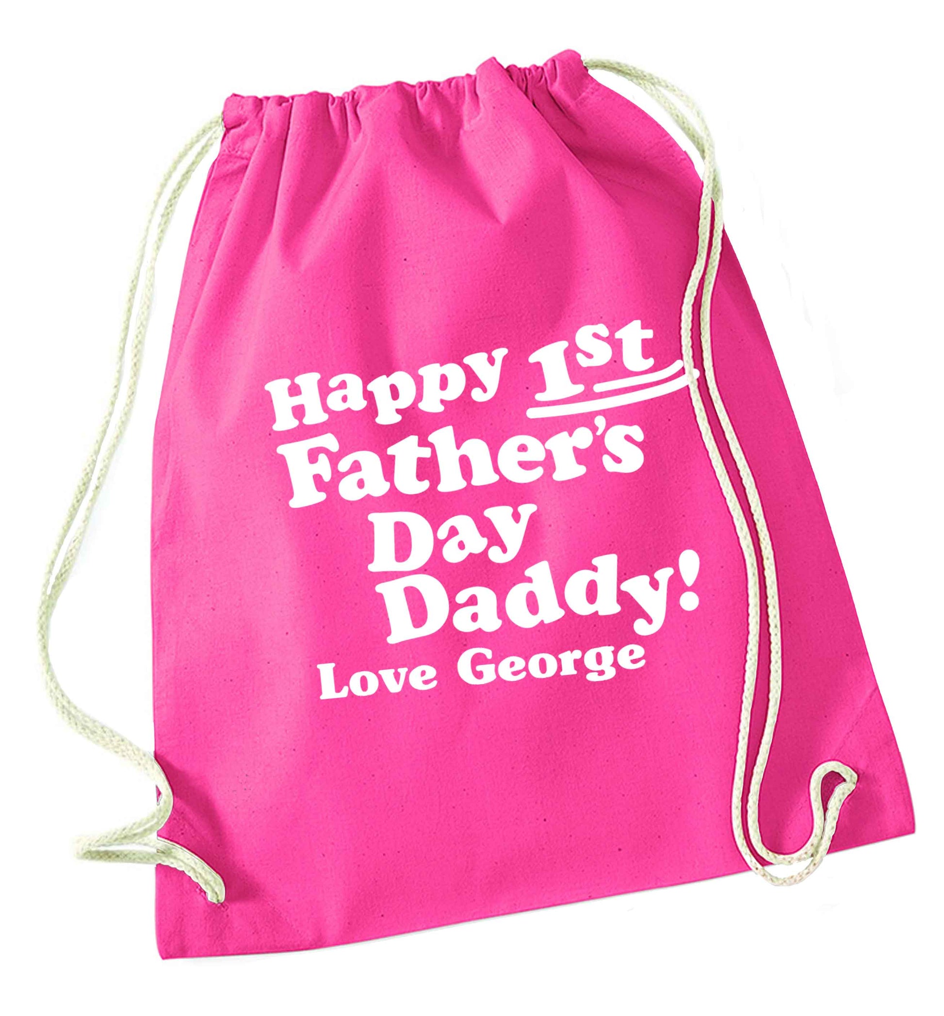 Personalised happy first Father's day pink drawstring bag