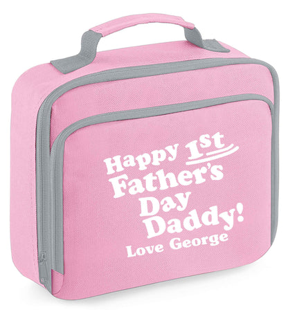 Personalised happy first Father's day insulated pink lunch bag cooler