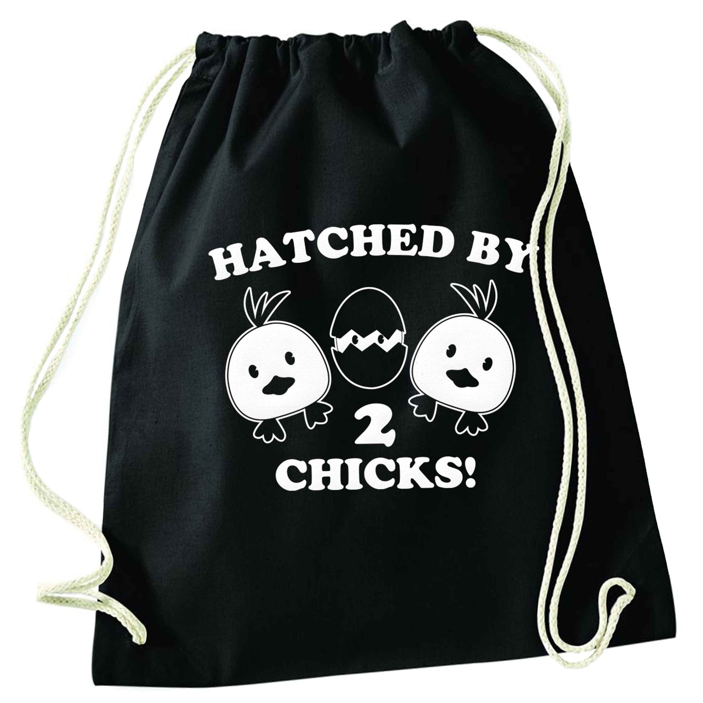 Hatched by two chicks black drawstring bag
