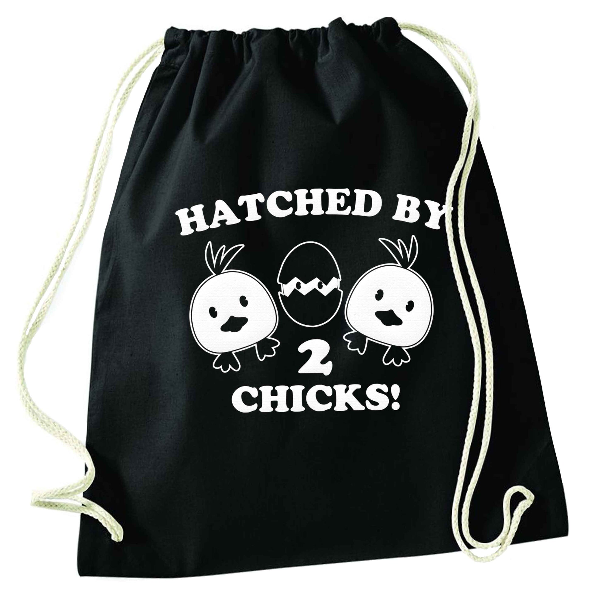 Hatched by two chicks black drawstring bag