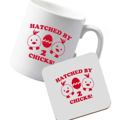 10 oz Ceramic mug and coaster Hatched by two chicks left sided