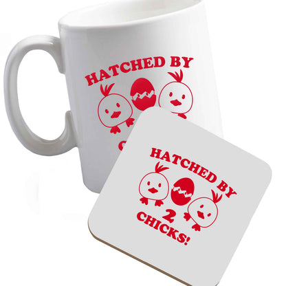 10 oz Ceramic mug and coaster Hatched by two chicks both sides