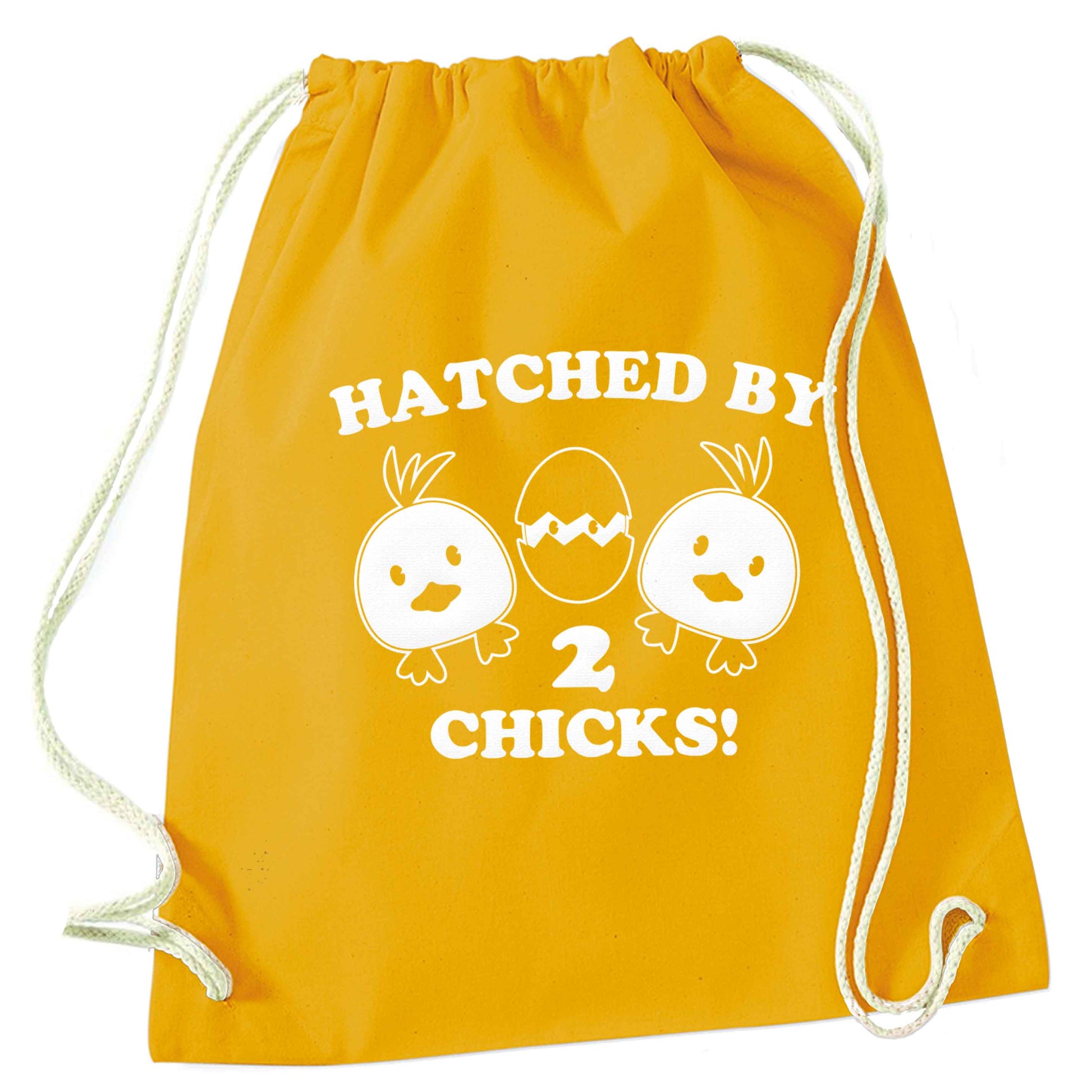 Hatched by two chicks mustard drawstring bag