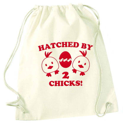 Hatched by two chicks natural drawstring bag