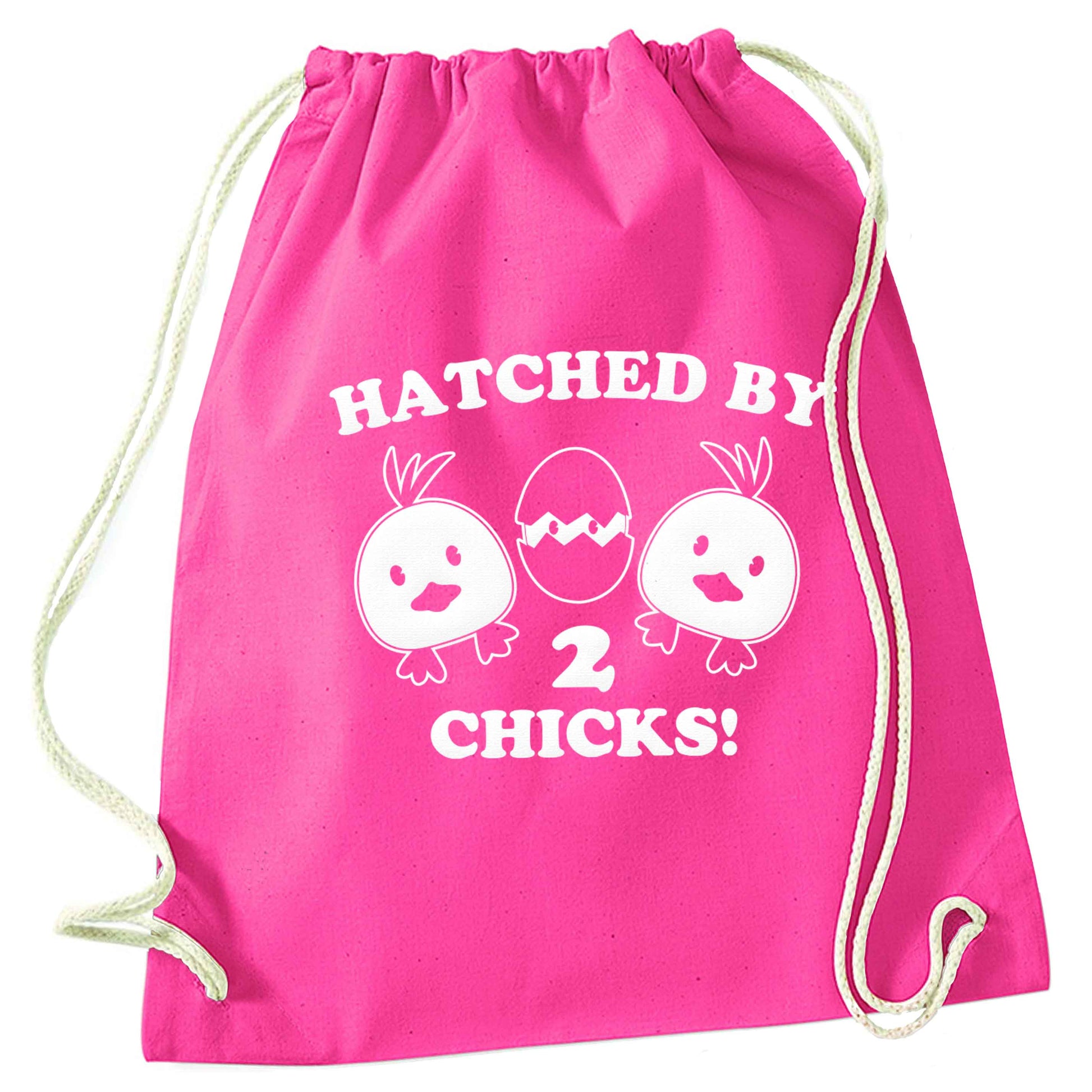 Hatched by two chicks pink drawstring bag
