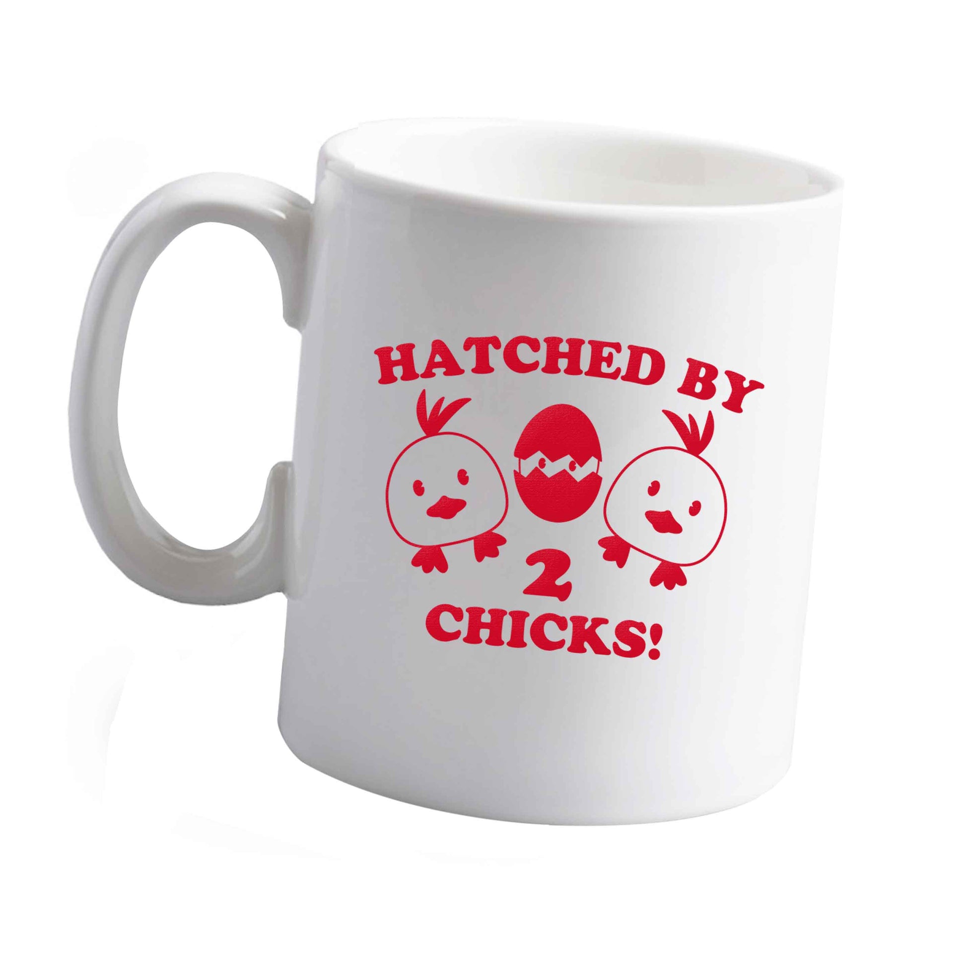 10 oz Hatched by two chicks ceramic mug left sided