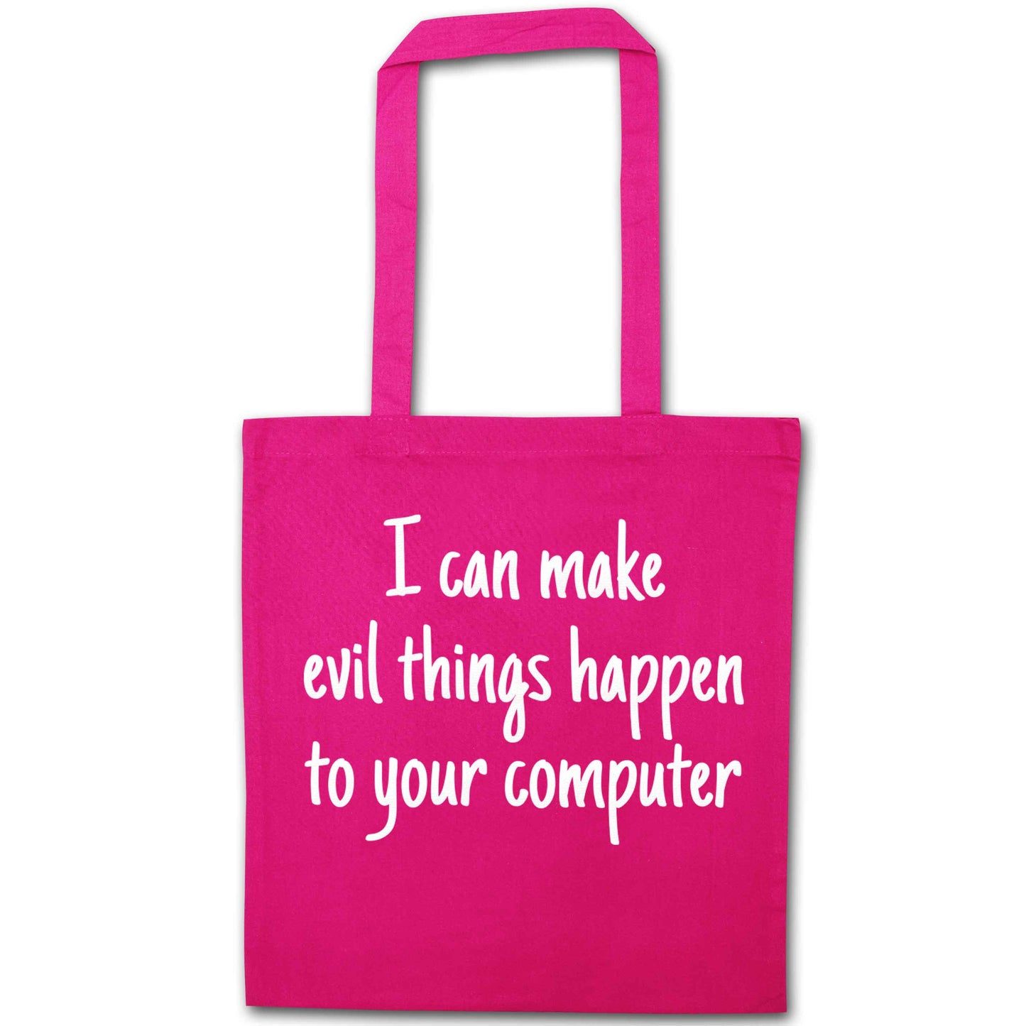 I can make evil things happen to your computer pink tote bag