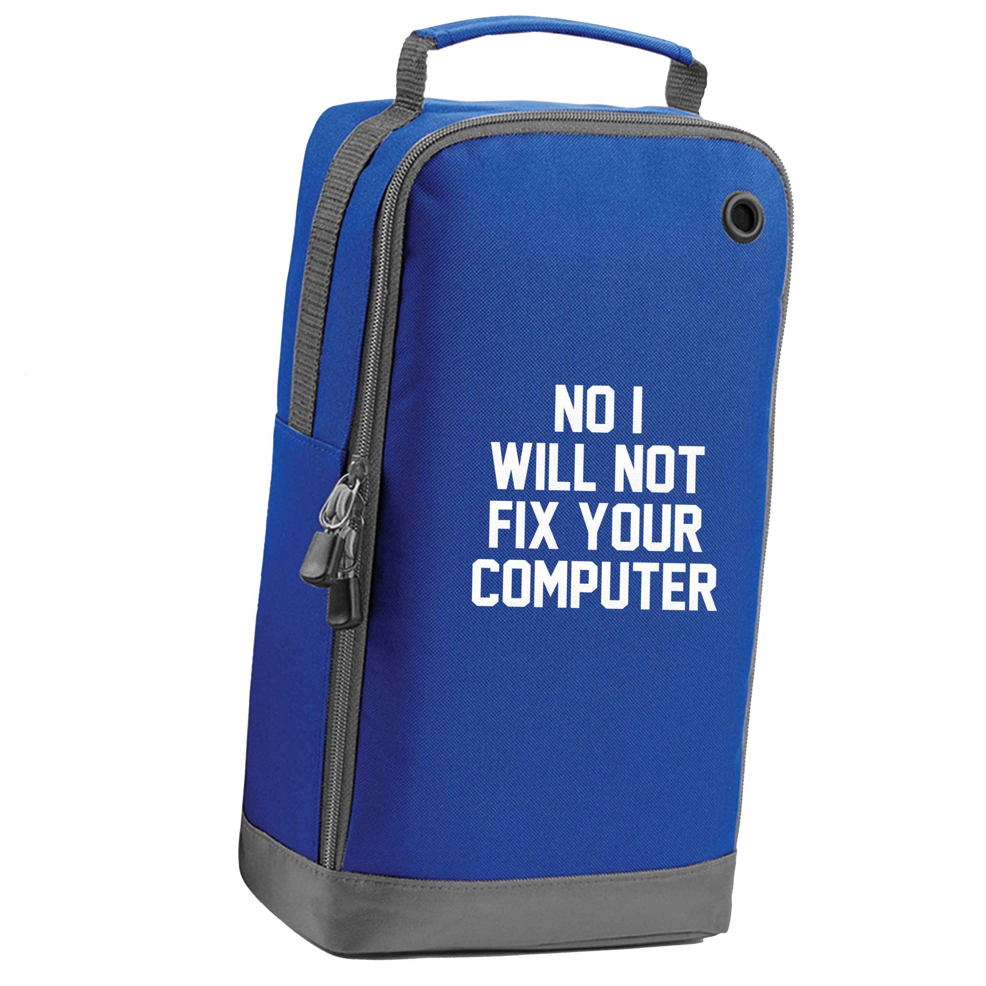 No I will not fix your computer blue sports shoe bag vertical print