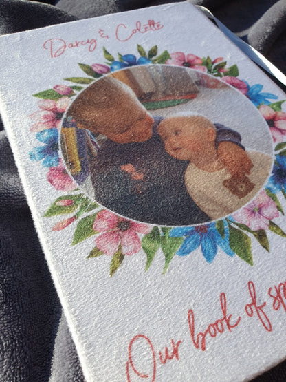 Close up of one of the books already printed to show what it will look like printed on the velvet. Image shows both photo and text printed on the cover