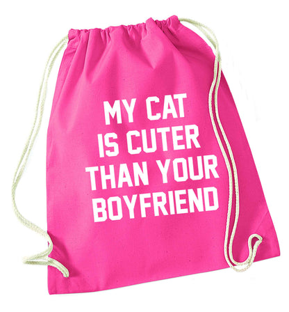 My cat is cuter than your boyfriend pink drawstring bag