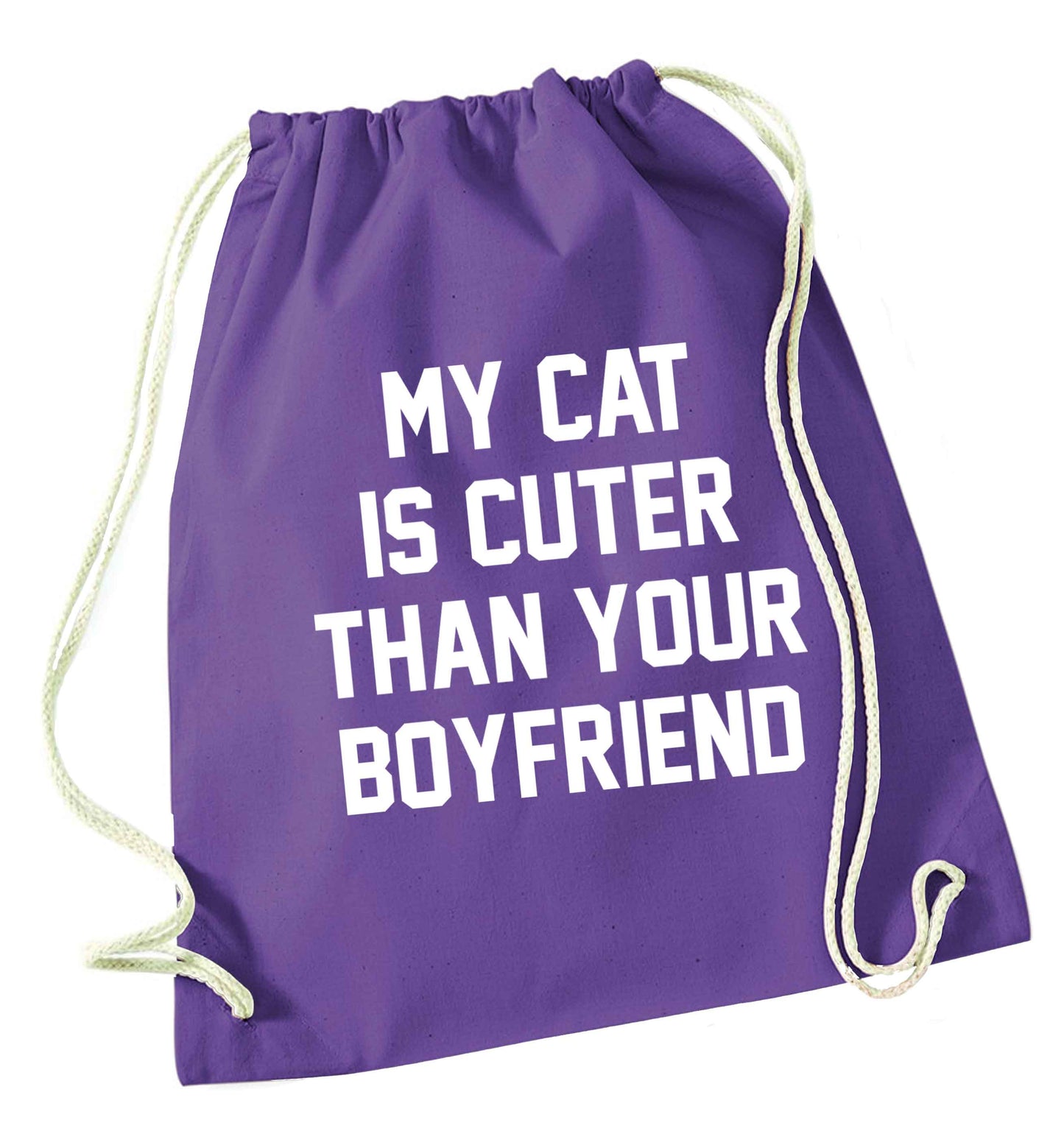 My cat is cuter than your boyfriend purple drawstring bag