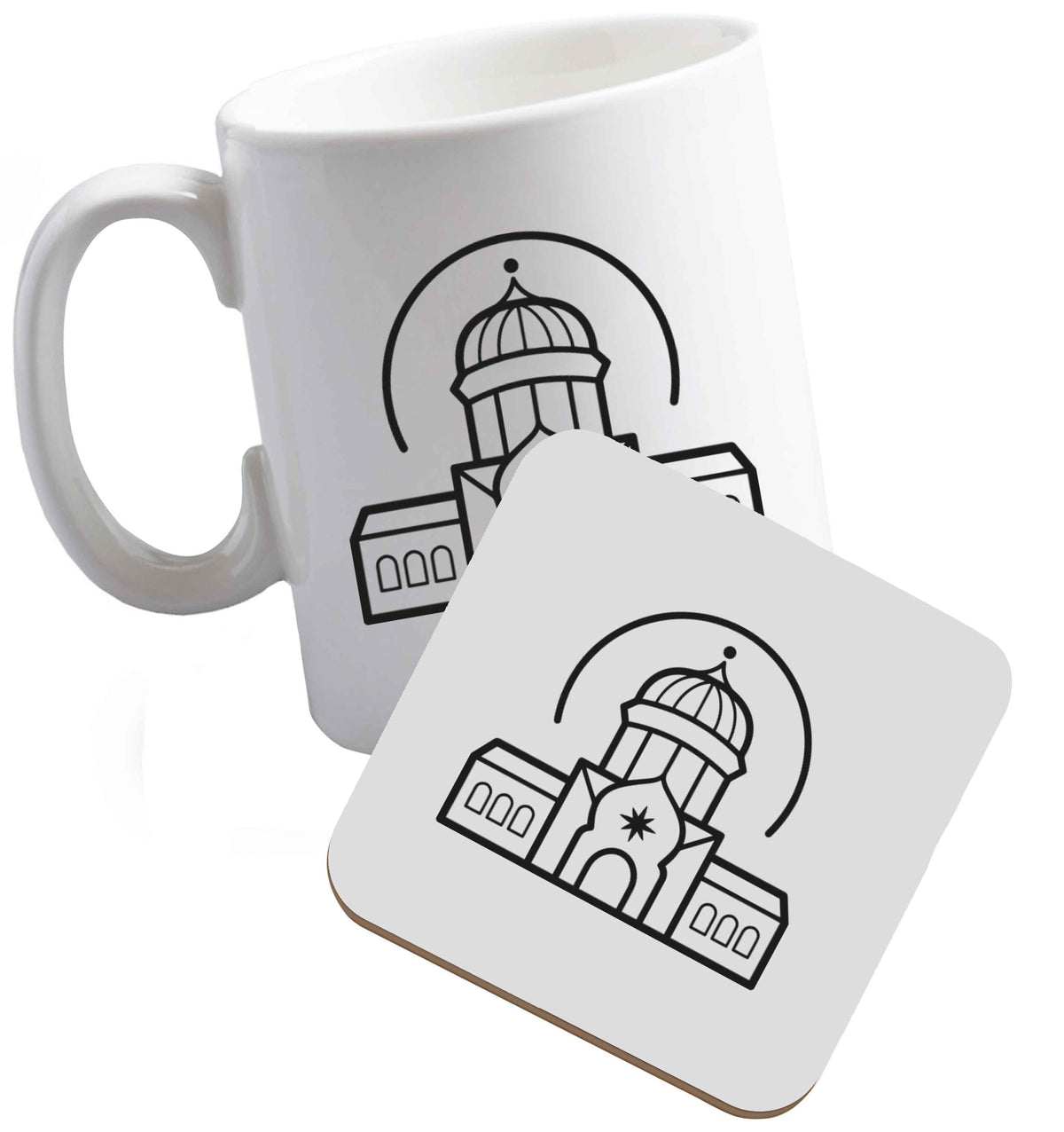 10 oz mosque masjid ceramic mug and coaster set right handed