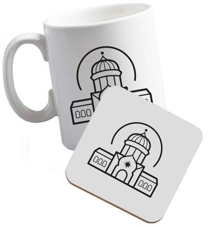 10 oz mosque masjid ceramic mug and coaster set right handed