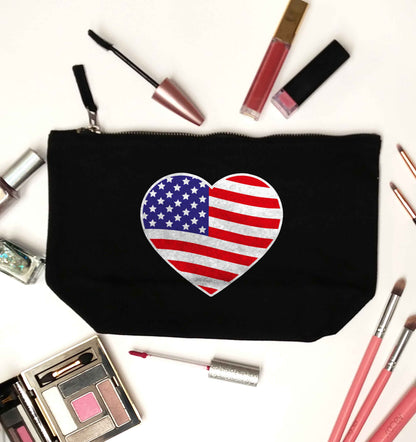 American USA Heart Flag black makeup bag