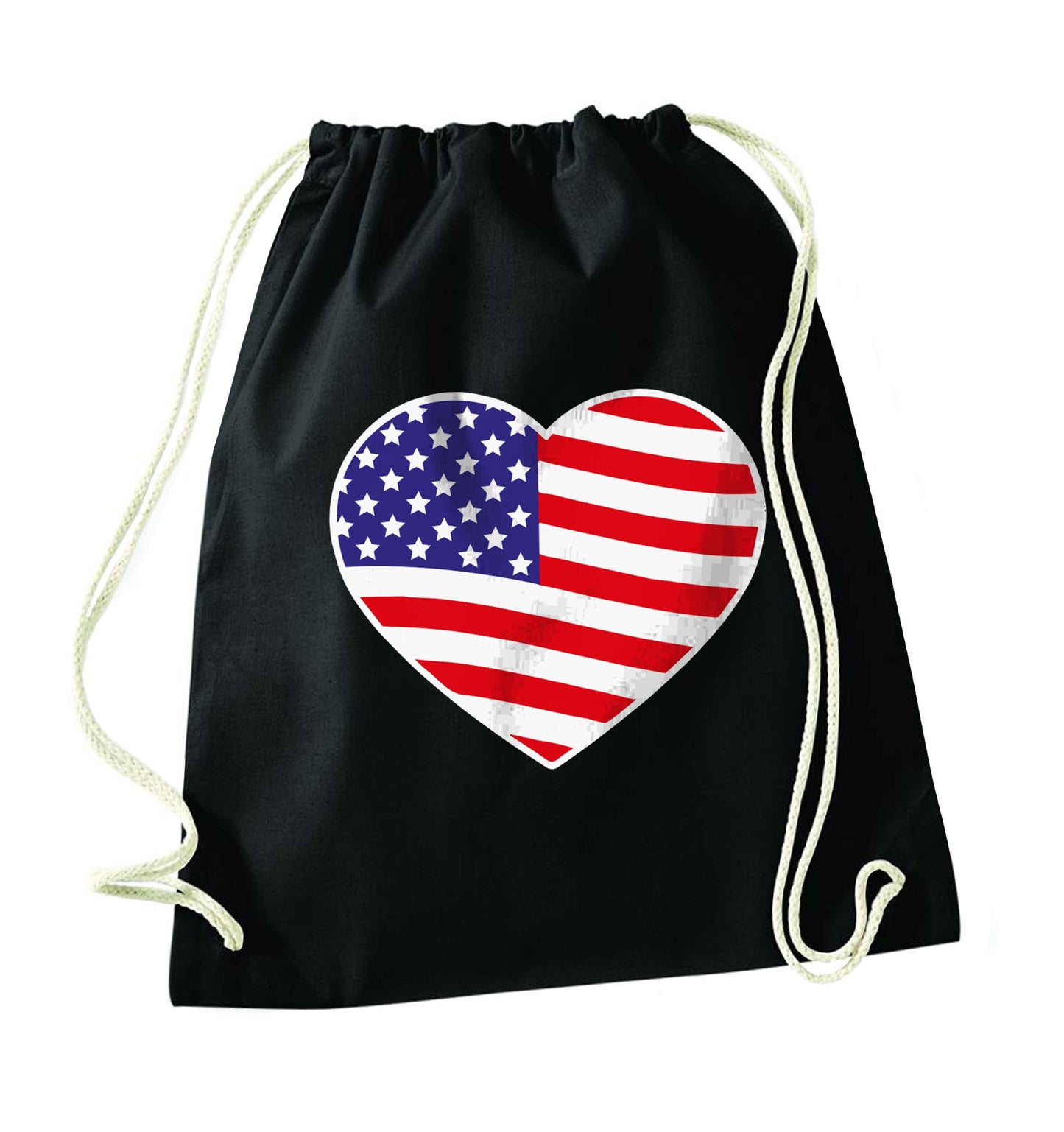 American USA Heart Flag black drawstring bag